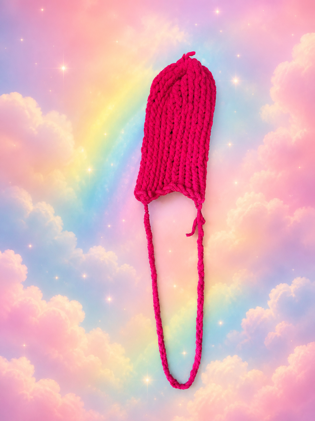 A handmade pink phone bag among magical rainbow clouds